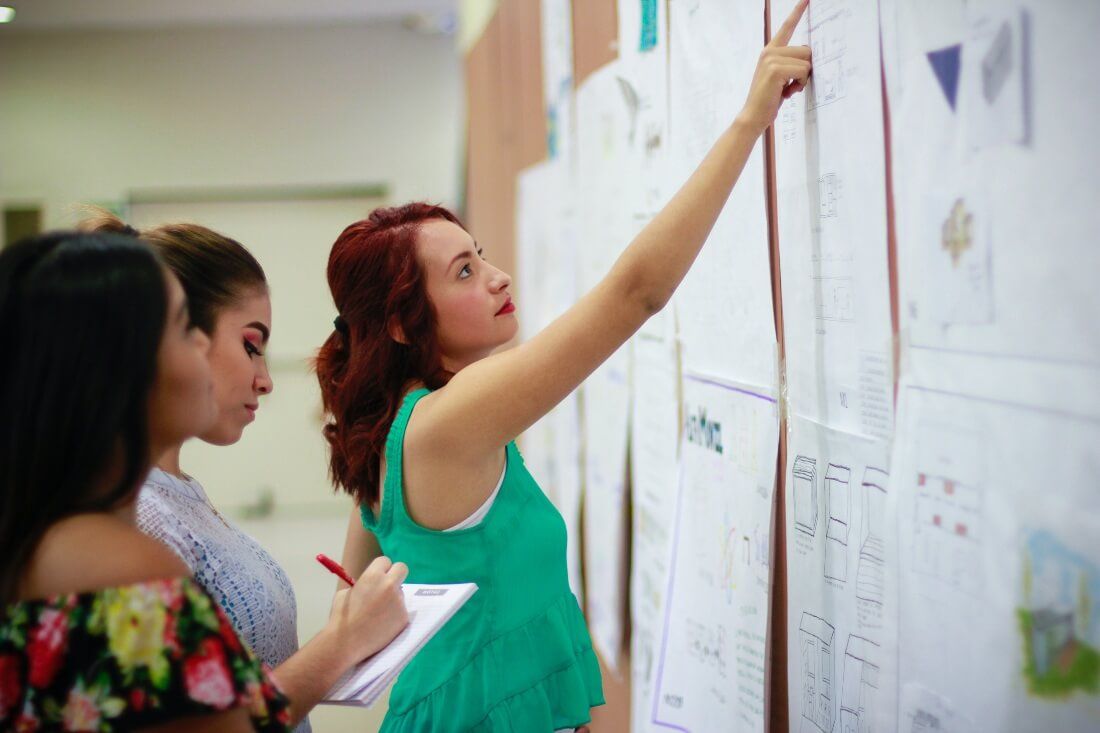 People using a notice board for hybrid scheduling