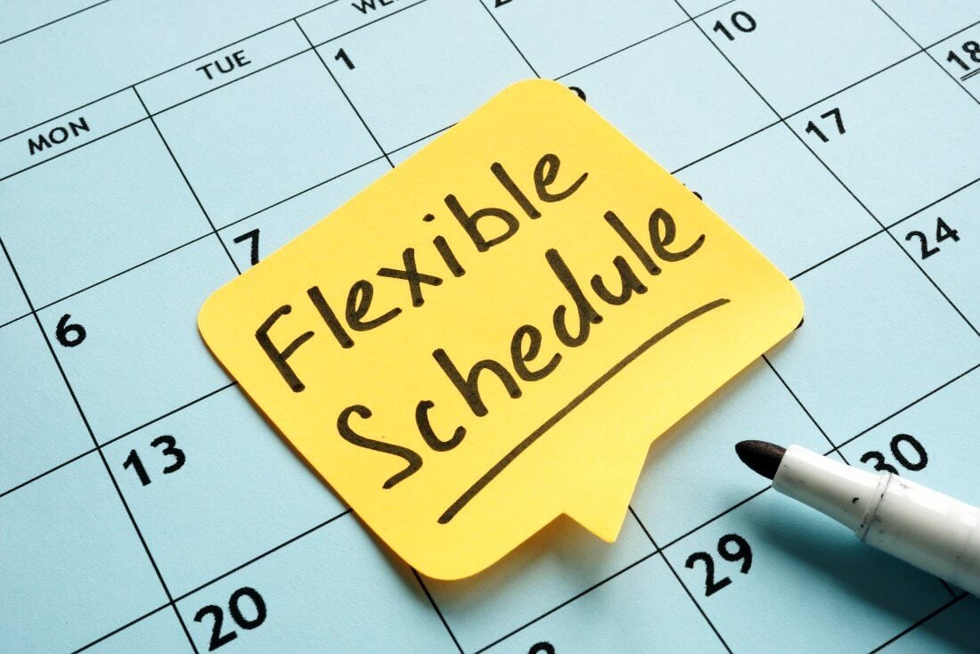 A schedule with a post-it on it saying flexible schedule